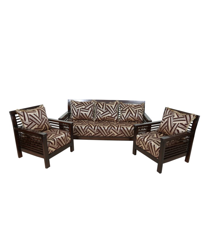 Wooden Espresso Colour Brown Fabric Sofa Set Of 3+1+1